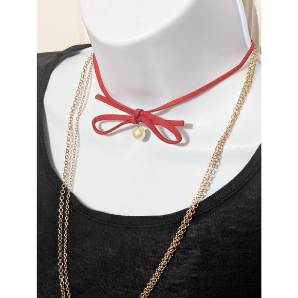 Carisma Choker Necklace Set Red Bow Pearl Bead Gold Tone Layered Chains Gift - Picture 4 of 7